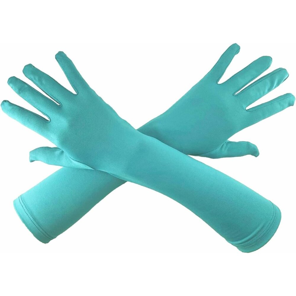 Women's Baby Blue Elbow Length Satin Long Gloves Design Cosplay Costume